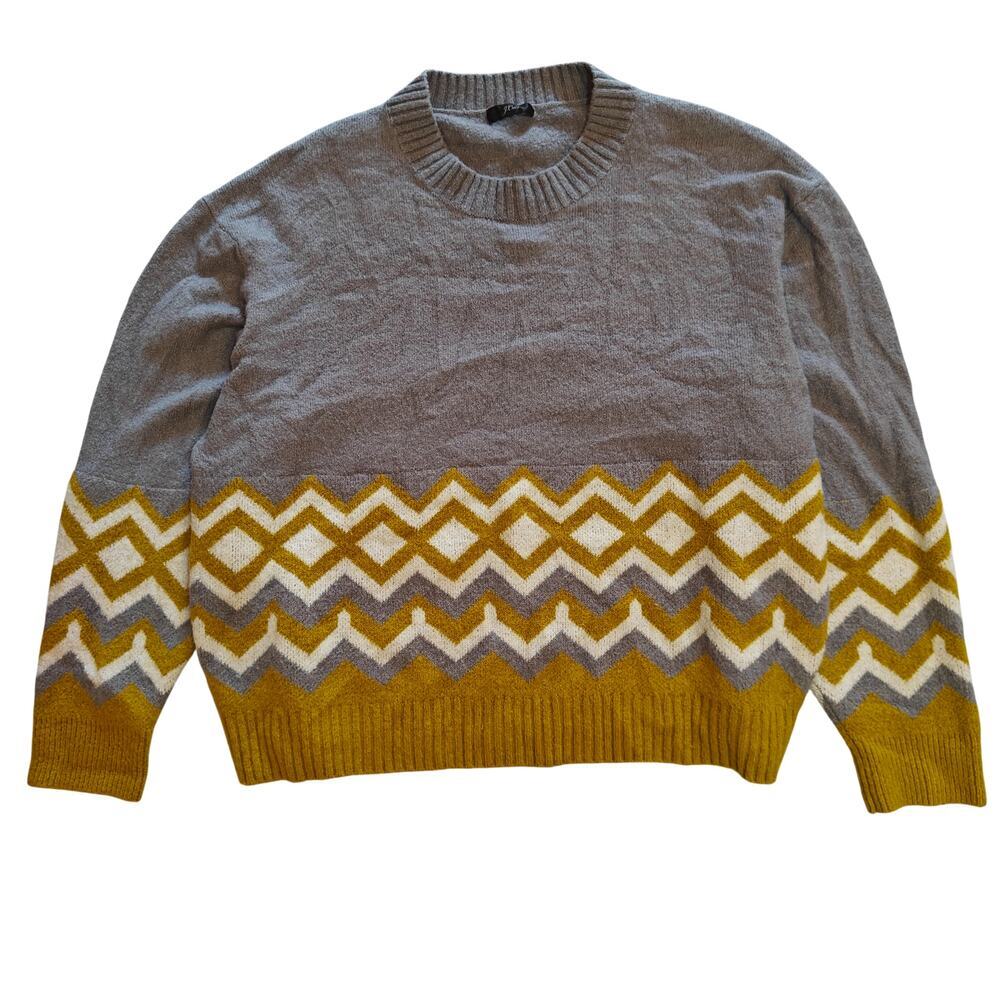 J.Crew Chevron Fair Isle Knit Sweater Gray Yellow Wool Blend Crewneck